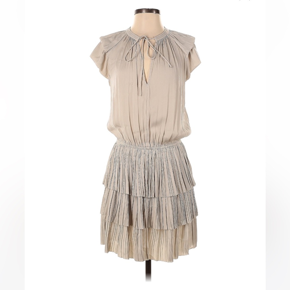 Current Air Tiered Pleated V neck Mini Dress size large gray taupe color